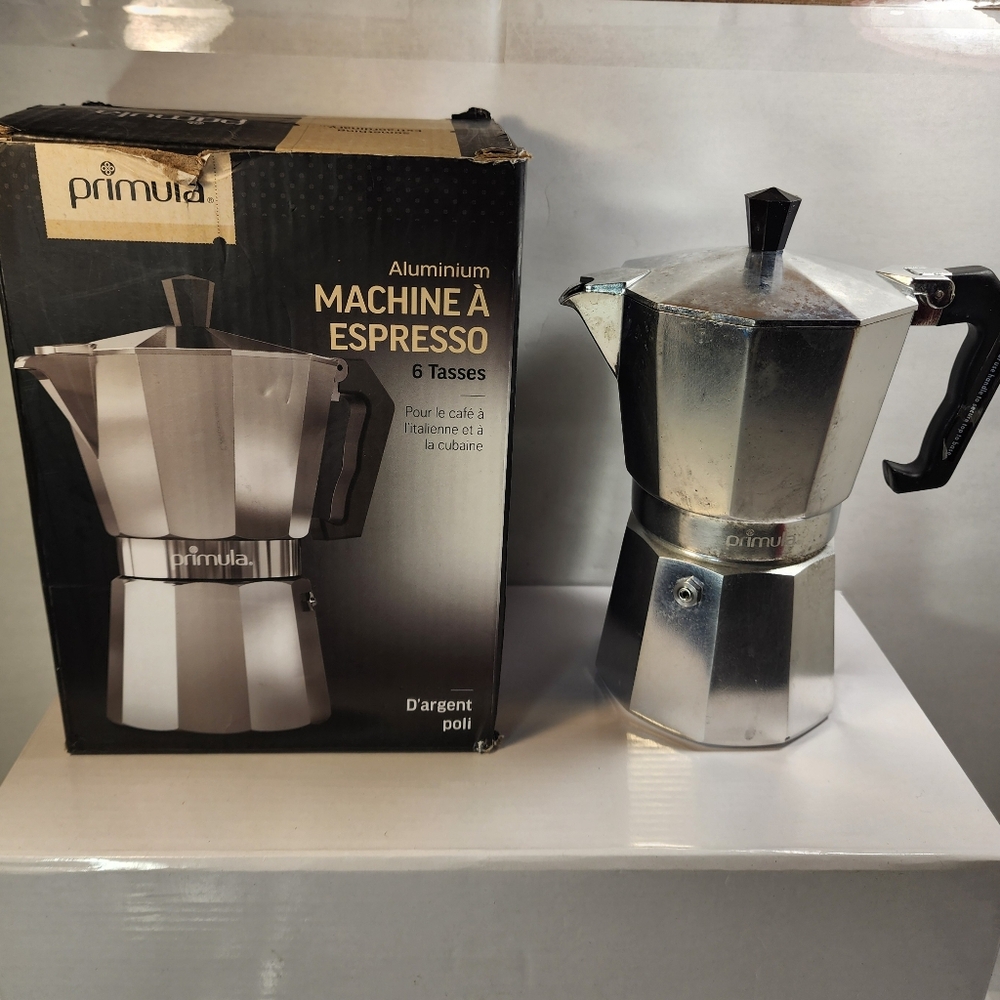 Primula Aluminum Espresso Maker 6 Cup Unpainted.  Used Good Condition.